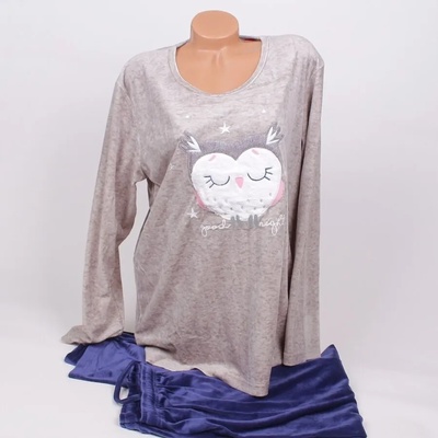 Макси плюшена дамска пижама в сиво и тъмносиньо със сова