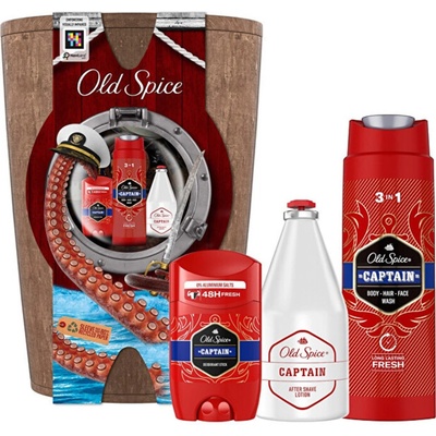 Old Spice V Drevenom Sudku S Tuhým dezodorantom 50 ml, Sprchovým gélom 250 ml a vodou po holení Captain 100 ml