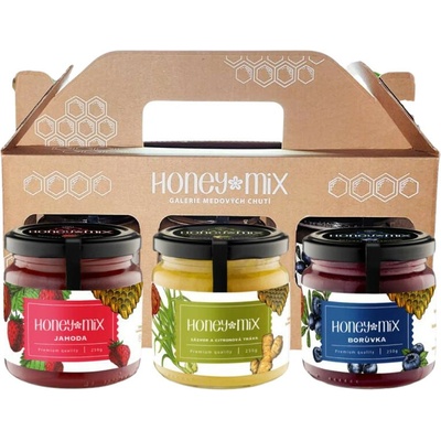 HoneyMix Darčeková sada medov, Jahoda, Zázvor a citrónová tráva, Čučoriedka, 3x250 g