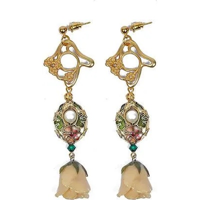 Dannyra Обици с естествена роза, мъниста клоазоне и перли Майорка Golden Bride Dannyra Jewels