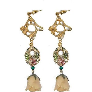 Dannyra Обици с естествена роза, мъниста клоазоне и перли Майорка Golden Bride Dannyra Jewels