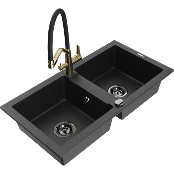 Mexen Mario гранитна кухненска мивка с две корита и кухненски смесител Duo, черен/сребрист металик - 6504-73-671701-57-B (6504-73-671701-57-B)