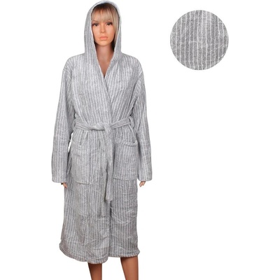 Дамски халат с качулка в сиво с бяло райе