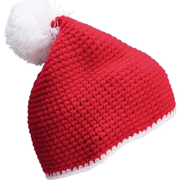 Myrtle Beach MB7964 pletená čiapka s kontrastným pruhom a brmbolcom červená bílá