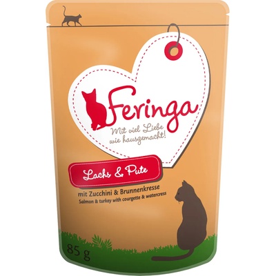 Feringa 12х85г Feringa, консервирана храна за котки, сьомга и пуешко с тиквички