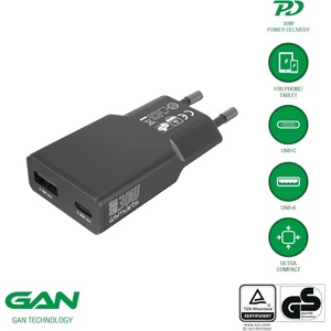 4smarts Захранване за ел. мрежа с USB-A и USB-C изходи и технология за бързо зареждане - 4smarts GaN Duos Slim Wall Charger 30W PD (черен) (541744)