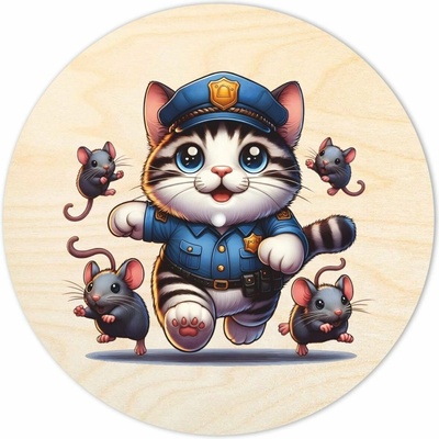 Woody Crafts Kruhové víko s otvorem na knopku - Policejní kočka Velikost: 18 cm