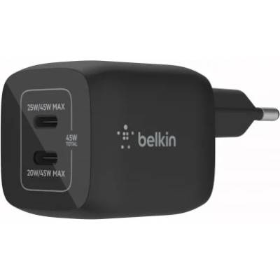 Belkin Boost Charge Pro GaN Dual USB-C Wall Charger PD 45W - захранване за ел. мрежа с 2xUSB-C PD изходи с технология за бързо зареждане (черен)