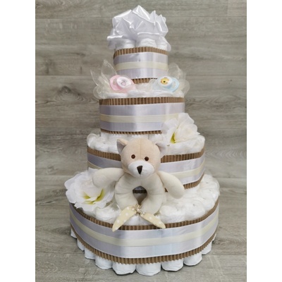 Pastell decor Plenkový dort neutrální čtyřpatrový originální dárek Velikost plenek: Vel. 2 Miminko váží 3 až 6 kg