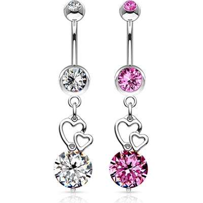 Šperky eshop piercing do bříška z chirurgické oceli kontury dvou srdcí kulatý zirkon SP43.27 Růžová P