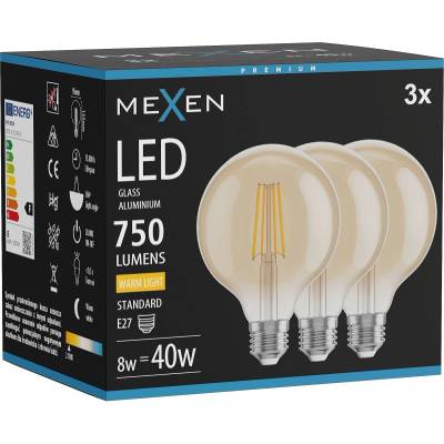 Mexen Vintis 3x LED лампа с нажежаема жичка E27, G95, 8W, Топла - 2700K, 750 lm, кехлибар (L157-E27-0827-50x03)