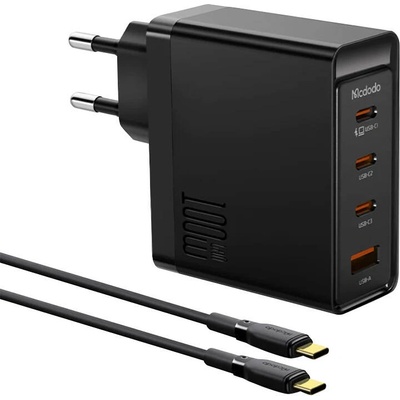 Mcdodo GaN Wall Charger 100W and USB-C Cable - захранване за ел. мрежа за лаптопи, смартфони и таблети с USB-A и 3xUSB-C изходи с включен кабел в комплекта (черен)