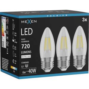 Mexen Vintis 3x LED крушка с нажежаема жичка E27, C35, 6W, Неутрална - 4000K, 720 lm, (L154-E27-0640-00x03)