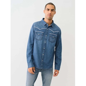 True Religion Мъжка риза с дълъг ръкав True Religion TR Chambray Long Sleeve Flannel Shirt Mens - Med Chambray