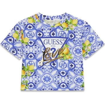 GUESS Къса тениска за момиче в синьо с лимони и лого Guess Love