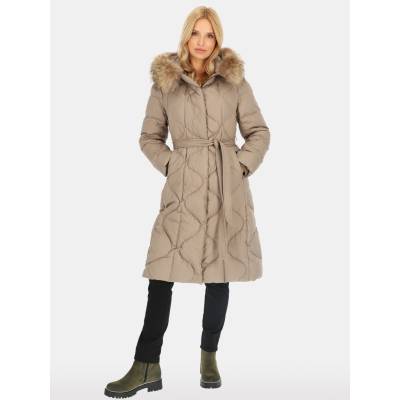 Perso Woman's Women's long tied real down coat with raccoon fur beige color hnedá