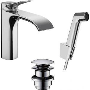 Hansgrohe Vivenis - Смесител за умивалник с изпускателен клапан Push-Open и душ за биде, EcoSmart, хром 75210000 (75210000)