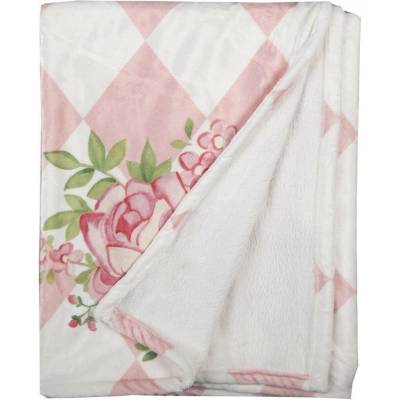 Clayre & Eef Ružový plyšový károvaný pléd s ružami Sweet Roses 130x170
