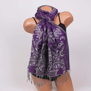 Image 1 of Красив шал в лилаво с флорални мотиви и ресни