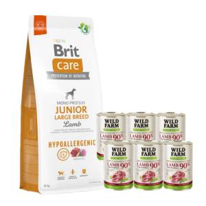 Brit CARE Хипоалергенна храна за кучета от големи породи с агнешко месо 12кг + WILD FARM PURE MONO Lamb Puppy 6x400g - храна за кученца с един вид протеин