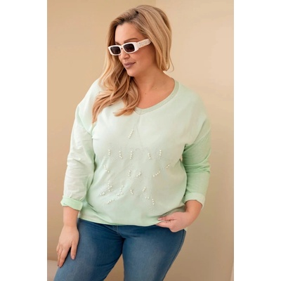 Kesi Dámska blúzka Plus Size s potlačou a perličkami mätová Modrá