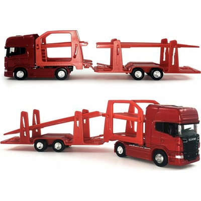 WELLY SCANIA V8 R730 ČERVENÁ + AUTOPŘEPRAVNÍK LORANÁKLADNÍ AUTO NOVÝ MODEL TIR 1:64