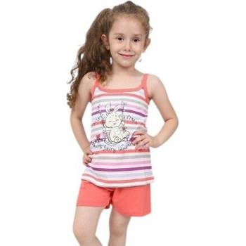 Лятна детска пижама в коралово с цветно райе и картинка на зайче