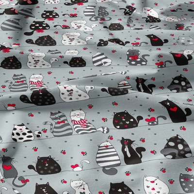 Bavlnená látka vzor crazy kat na šedom podklade, metráž 160 cm