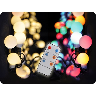 Solight LED 2v1 vonkajšia vianočná reťaz gule diaľkový ovládač 100LED RGB biela 10m 5m 8 funkcií IP44