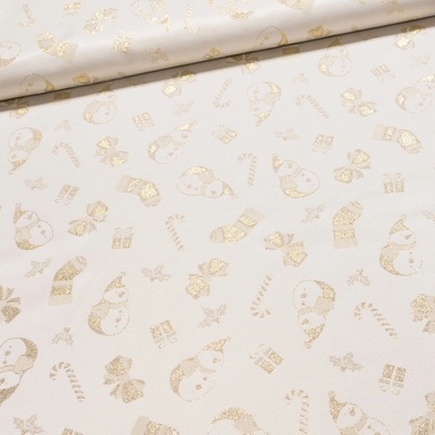 Směsové plátno vánoční REGALOS ORO zlatí sněhuláci, lurex, š.140cm (látka v metráži)