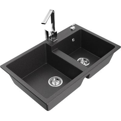Mexen Tomas гранитна мивка с 2 камери с кухненски смесител Rita, черен на точки - 6516-76-670300-00 (6516-76-670300-00)