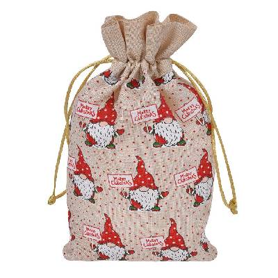 24, 5 x 15 см коледна торбичка в бежов цвят с гномчета и надпис Merry Christmas