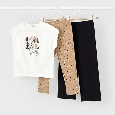 Mayoral Комплект 2 клина до глезена черен и бежов и бяла тениска с кученца за мини момиче Майорал