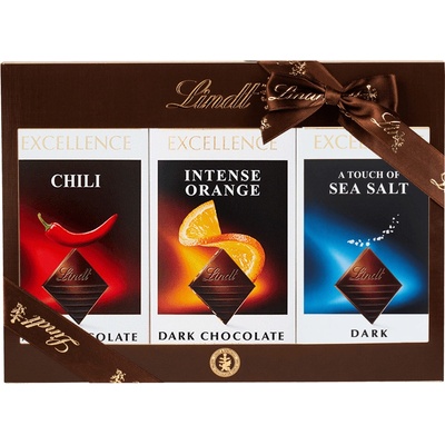Lindt Xcellence set 300 g Horká čokoláda s chilli extraktom 100 g + Horká čokoláda s pomarančovými lupienkami 100 g + Horká čokoláda s morskou soľou 100 g