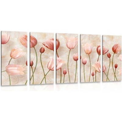 5-dílný obraz starorůžové tulipány - 100x50