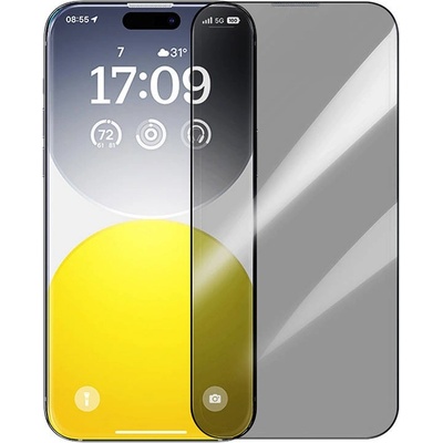 Baseus Diamond Privacy Tempered Glass Film (0.30mm) - калено стъклено защитно покритие с определен ъгъл на виждане за дисплея на iPhone 15 Pro (черен-прозрачен)