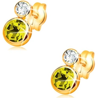 Šperky eshop ve žlutém zlatě kulatý zelený olivín a čirý zirkon GG33.24