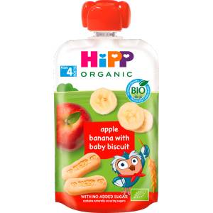 HiPP Био плодова закуска с ябълка, банан и бебешки бисквити, 100 g (2289233)