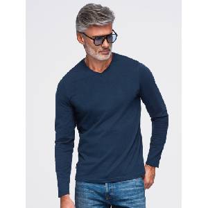 Ombre Clothing Гладка памучна тениска BASIC с дълъг ръкав и V деколте - тъмносиня V5 OM-LSBL-0143 Ombre Clothing Ombre Clothing | Sin | МЪЖЕ | S