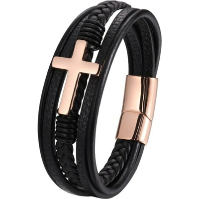 Amparo Miranda Kožený náramek Rose Gold Cross S150 černý