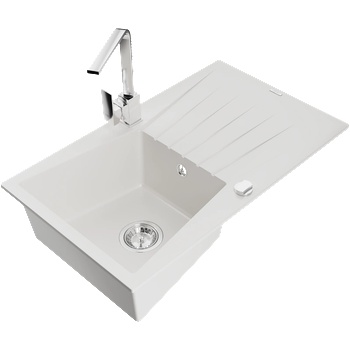 Mexen Cesar гранитна мивка с 1 отделение с отцедник и кухненска батерия Rita, бял - 6514-20-670300-00 (6514-20-670300-00)