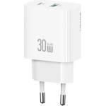 USAMS Зарядно устройство за електрическата мрежа USAMS T65 USB+Type-C гнездо 30W, бързо зарядно устройство PD, FEHÉR CC316TC02 (CC316TC02)