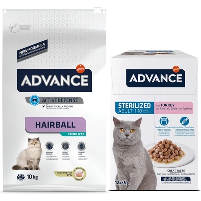 Affinity 15% намаление! 10 кг Advance суха храна + 12 х 85 г паучове на специална цена - Sterilized Hairball Feline с пуешко