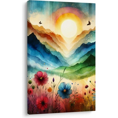 Obraz pohádková krajina s květinami a sluncem - 100x150