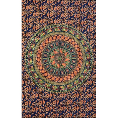 Sanu Babu přehoz na postel modro-oranžový sloni a květiny 130 x 210 cm