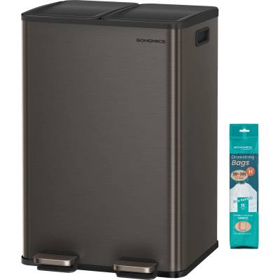 SONGMICS kitchen trash can, 2 x 30 liters, 2 compartments, trash can, pedal trash can, kitchen trash can with soft-close lid and inner bucket, stainless steel, including 15 trash bags, slate gray LTB741G01