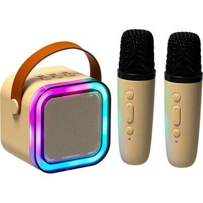 Karaoke set 2 mikrofony a přenosný reproduktor BLUETOOTH USB LED béžová barva – Zboží Mobilmania