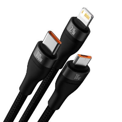 Кабел Baseus Flash Ⅱ USB-A към M+L+C 100W Fast Charging 1.2 м черен (CASS030001_VZ)