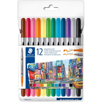 STAEDTLER Флумастри Staedtler 3200, двувърхи, 12 цвята, ОСНОВНИ (34185-А-ОСНОВНИ)