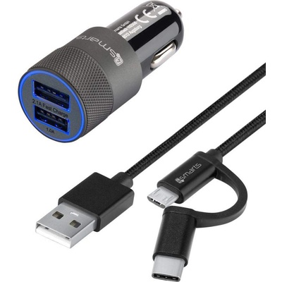 4smarts Car-Bundle Hybrid 15.5W with 2in1 ComboCord Cable - зарядно за кола и качествен кабел с оплетка от неръждаема стомана за microUSB и USB-C стандарти 150 см. (черен)